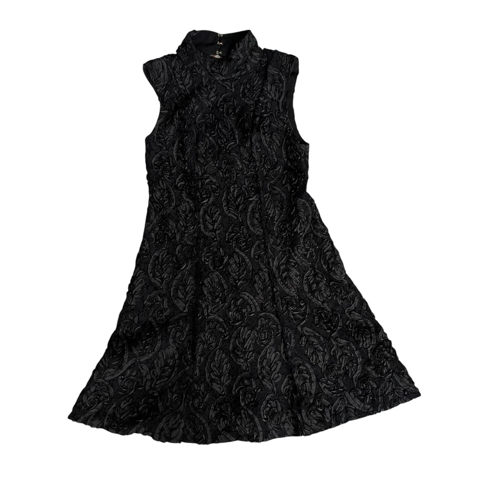 Free People Black Floral Rosette Textured Mini Dress Mock Neck Sleeveless Size 2